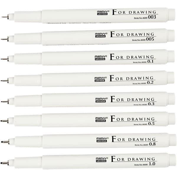 Fine Line Svart Textpenna - Marvy Uchida - 8 st - 0,03-1,0 mm