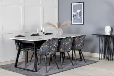 Matgrupp Venture Design – Matbord Estelle 200x90 cm – Vit Marmor / Svart + 6 st Matstol Velvet – Svart / Blommor