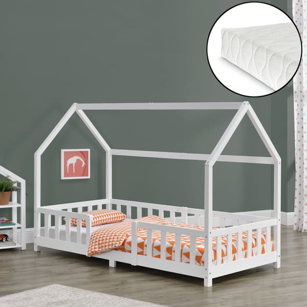 Juniorsäng Sisimiut hussäng inkl. madrass 200x90cm furu vit med sängskydd [en.casa]