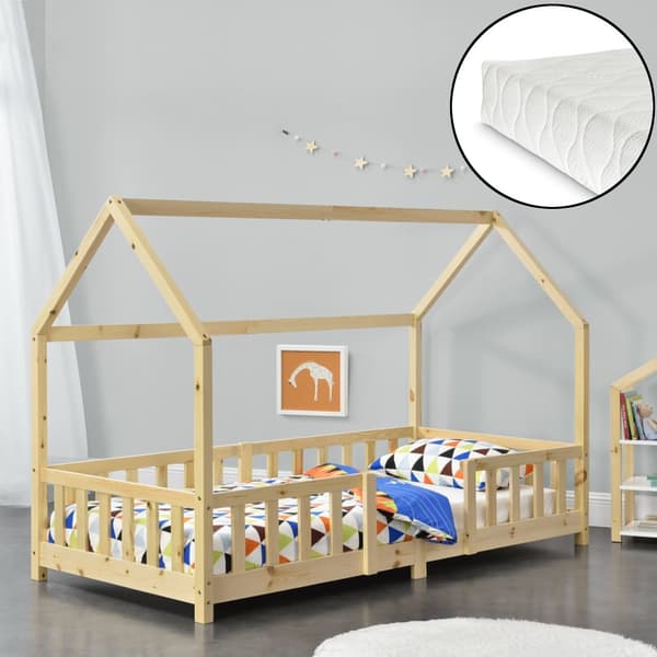 Juniorsäng Sisimiut hussäng inkl. madrass 200x90cm furu med sängskydd [en.casa]