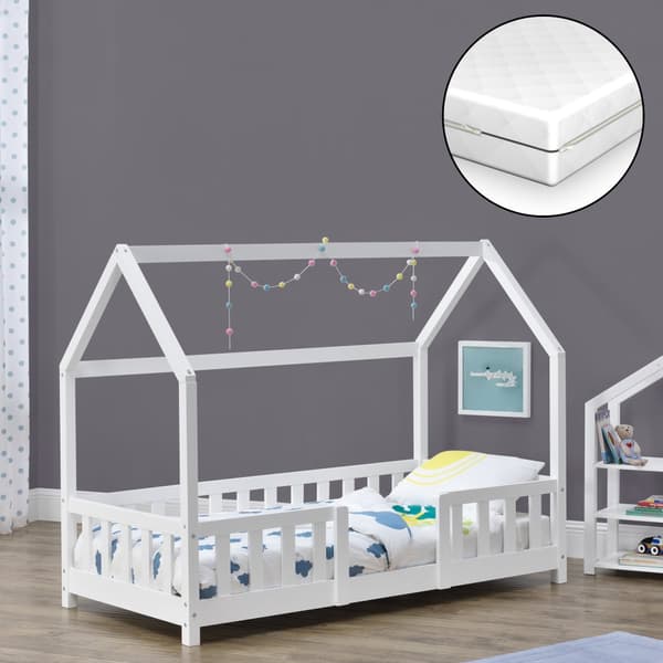 Juniorsäng Sisimiut hussäng inkl. madrass 160x80cm furu vit med sängskydd [en.casa]
