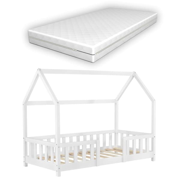 Juniorsäng Sisimiut hussäng inkl. madrass 160x80cm furu vit med sängskydd [en.casa]