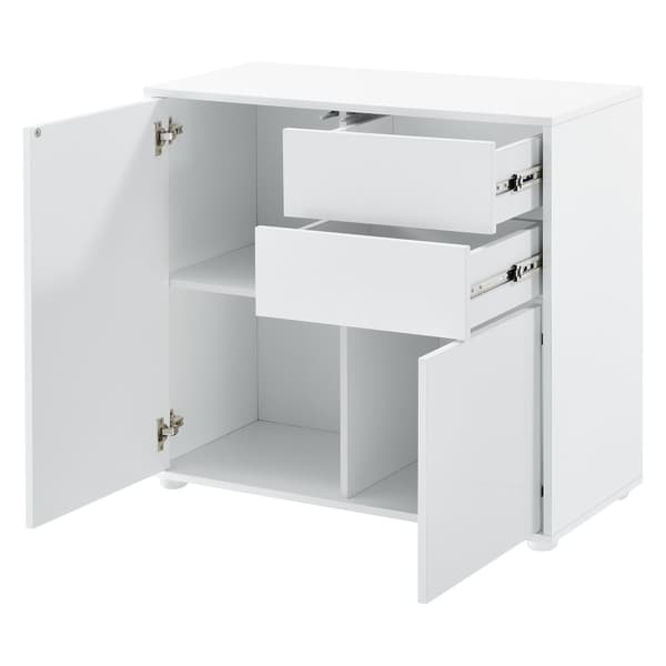 [en.casa]® Byrå Paarl med 2 lådor och 2 dörrar-tryck och öppna-74x79x36cm-spånskiva-vit högglans