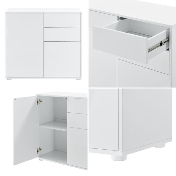 [en.casa]® Byrå Paarl med 2 lådor och 2 dörrar-tryck och öppna-74x79x36cm-spånskiva-vit högglans