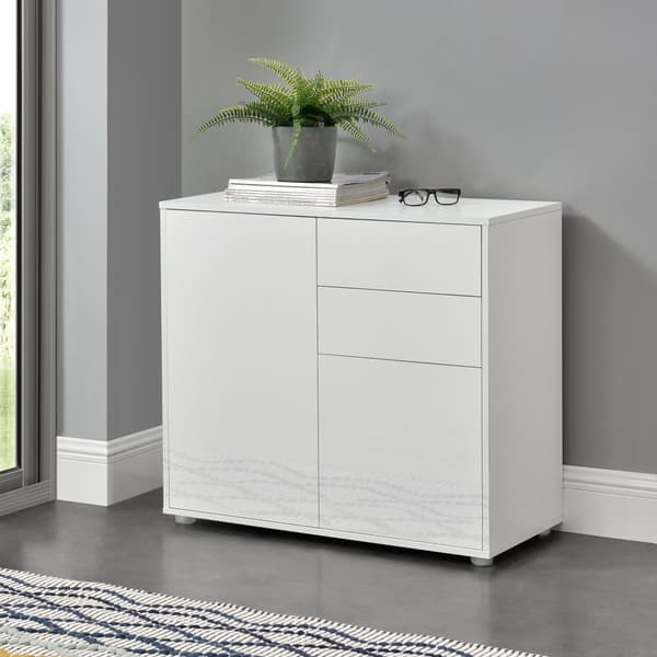 [en.casa]® Byrå Paarl med 2 lådor och 2 dörrar-tryck och öppna-74x79x36cm-spånskiva-vit högglans