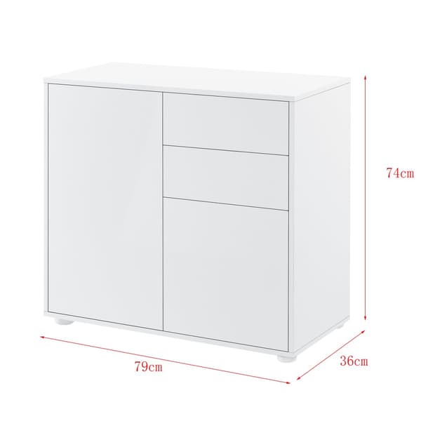 [en.casa]® Byrå Paarl med 2 lådor och 2 dörrar-tryck och öppna-74x79x36cm-spånskiva-vit högglans