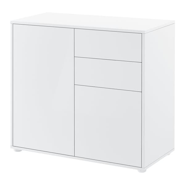 [en.casa]® Byrå Paarl med 2 lådor och 2 dörrar-tryck och öppna-74x79x36cm-spånskiva-vit högglans