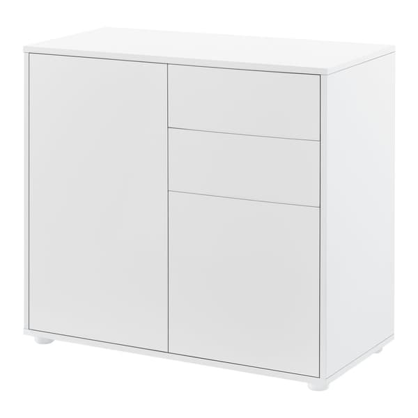 [en.casa]® Byrå Paarl med 2 lådor och 2 dörrar-tryck och öppna-74x79x36cm-spånskiva-vit matt