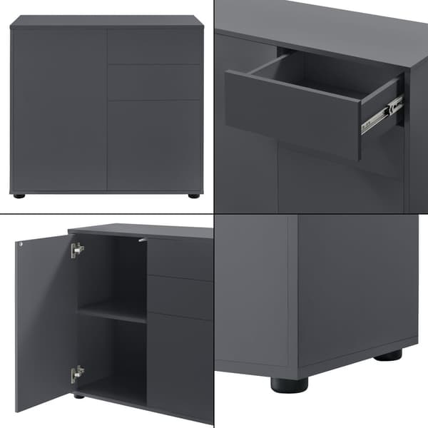 [en.casa]® Byrå Paarl med 2 lådor och 2 dörrar-tryck och öppna-74x79x36cm-spånskiva-mörkgrå matt
