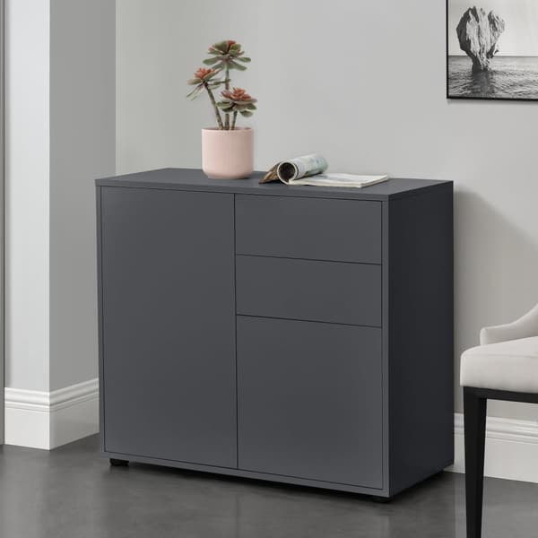 [en.casa]® Byrå Paarl med 2 lådor och 2 dörrar-tryck och öppna-74x79x36cm-spånskiva-mörkgrå matt