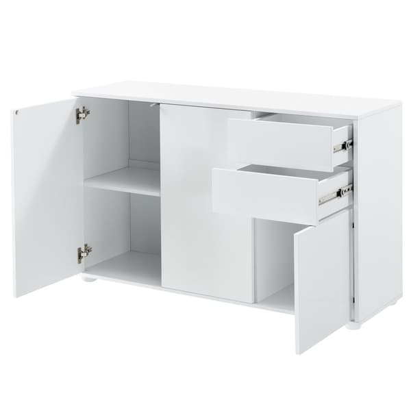 [en.casa]® Byrå Paarl med 2 lådor och 3 dörrar-tryck och öppna-74x117x36cm-spånskiva-vit högglans