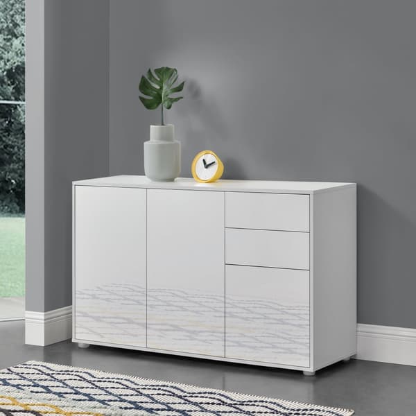 [en.casa]® Byrå Paarl med 2 lådor och 3 dörrar-tryck och öppna-74x117x36cm-spånskiva-vit högglans