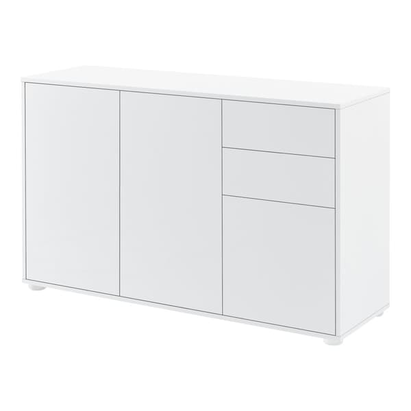 [en.casa]® Byrå Paarl med 2 lådor och 3 dörrar-tryck och öppna-74x117x36cm-spånskiva-vit högglans