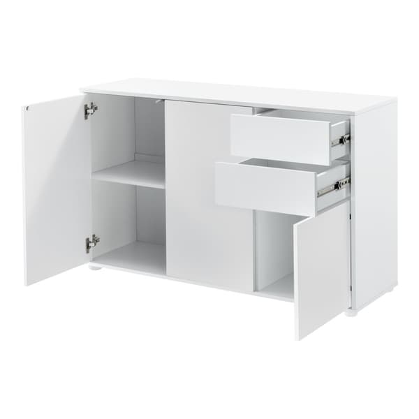 [en.casa]® Byrå Paarl med 2 lådor och 3 dörrar-tryck och öppna-74x117x36cm-spånskiva-vit matt