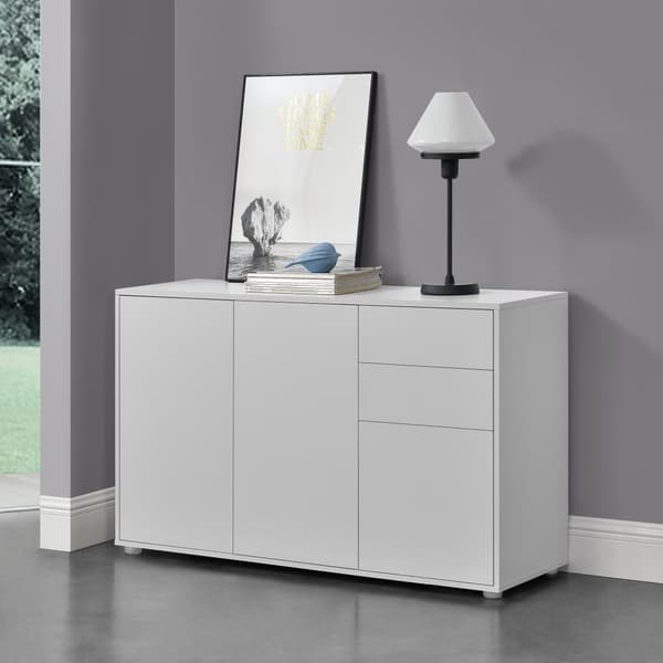 [en.casa]® Byrå Paarl med 2 lådor och 3 dörrar-tryck och öppna-74x117x36cm-spånskiva-vit matt