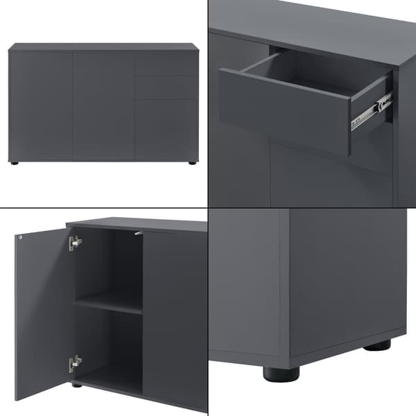 [en.casa]® Byrå Paarl med 2 lådor och 3 dörrar-tryck och öppna-74x117x36cm-spånskiva-mörkgrå matt