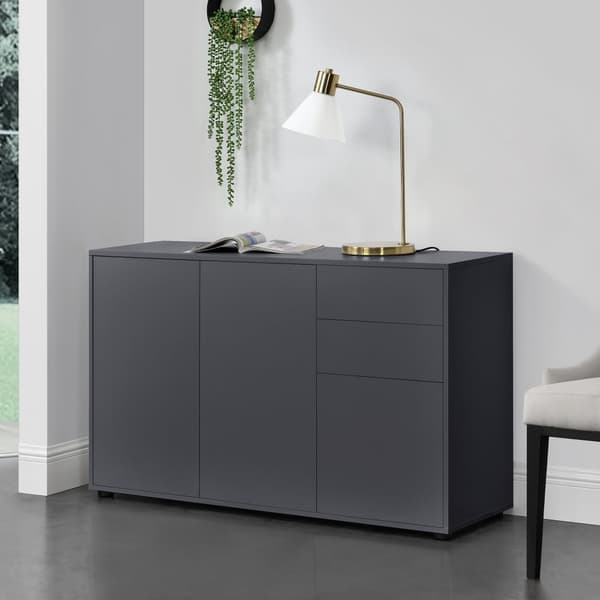 [en.casa]® Byrå Paarl med 2 lådor och 3 dörrar-tryck och öppna-74x117x36cm-spånskiva-mörkgrå matt