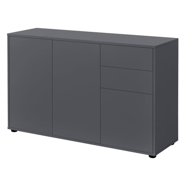 [en.casa]® Byrå Paarl med 2 lådor och 3 dörrar-tryck och öppna-74x117x36cm-spånskiva-mörkgrå matt