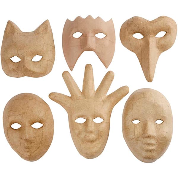 Masker av papier-maché - H: 12-21 cm - Medium - 6 st