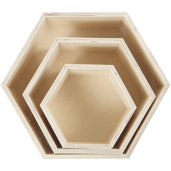 Sexkantiga - Förvaringslådor - Plywood - H: 14,8+19+24,2 cm