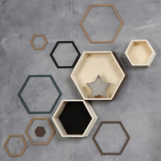 Sexkantiga - Förvaringslådor - Plywood - H: 14,8+19+24,2 cm