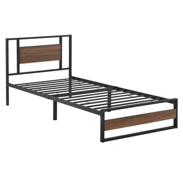[en.casa]® Sängstomme Villach i metall-200x90cm-svart matt-pulverlackerat stål-spånskiva-träfärgade detaljer