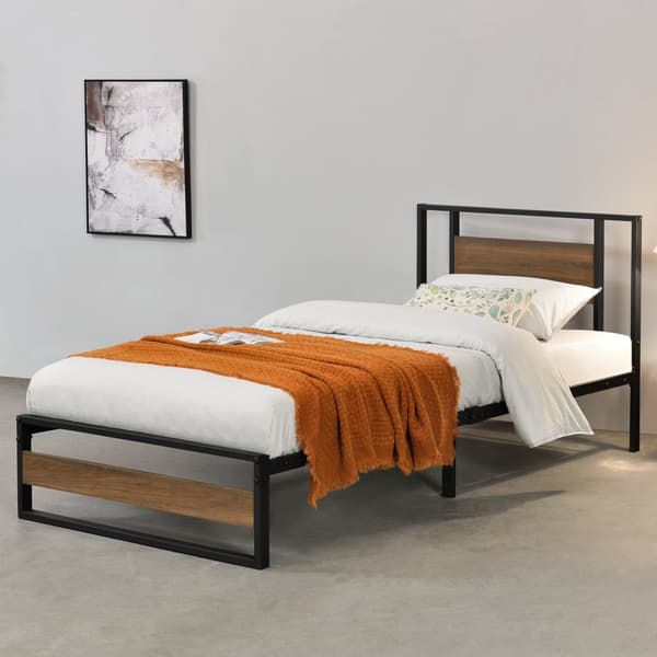 [en.casa]® Sängstomme Villach i metall-200x90cm-svart matt-pulverlackerat stål-spånskiva-träfärgade detaljer