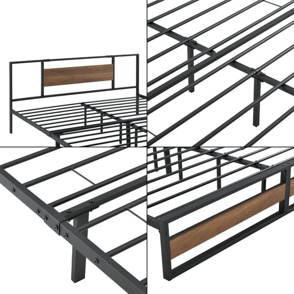 [en.casa]® Sängstomme Villach i metall-200x180cm-svart matt-pulverlackerat stål-spånskiva-träfärgade detaljer