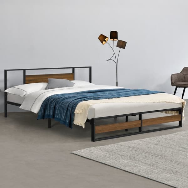 [en.casa]® Sängstomme Villach i metall-200x180cm-svart matt-pulverlackerat stål-spånskiva-träfärgade detaljer