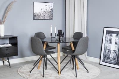 Matgrupp Venture Design – Matbord Plaza ø 100 cm – Svart / Ek-Look + 4 st Matstol Polar – Grå Konstläder