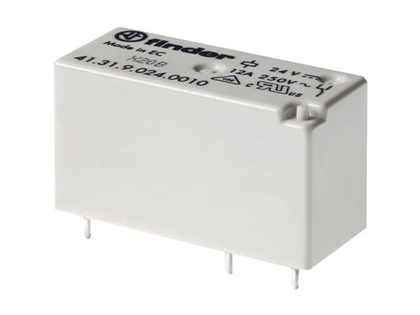 FINDER-piirilevyrele 12A, 1CO, 24V DC-kela. 3,5 mm:n tappiväli. Matala profiili. Kosketinmateriaali AgNi