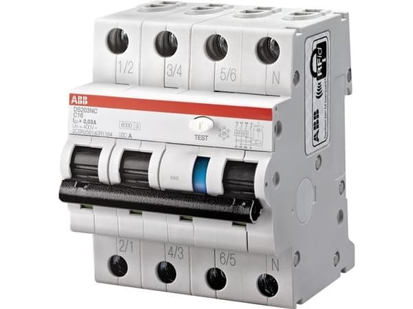 ABB Kombinationsbrytare C 10A, 3-polig + noll C-karaktäristik 6kA kortslutningskapacitet 30mA utlösningsström, 230V AC, 72 mm bred