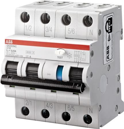 ABB Kombinationsbrytare C 10A, 3-polig + noll C-karaktäristik 6kA kortslutningskapacitet 30mA utlösningsström, 230V AC, 72 mm bred