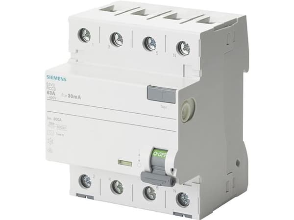 SIEMENS Felströmsbrytare typ A 63A 3-polig + noll 30mA utlösningsström 400V 4 modulbredd