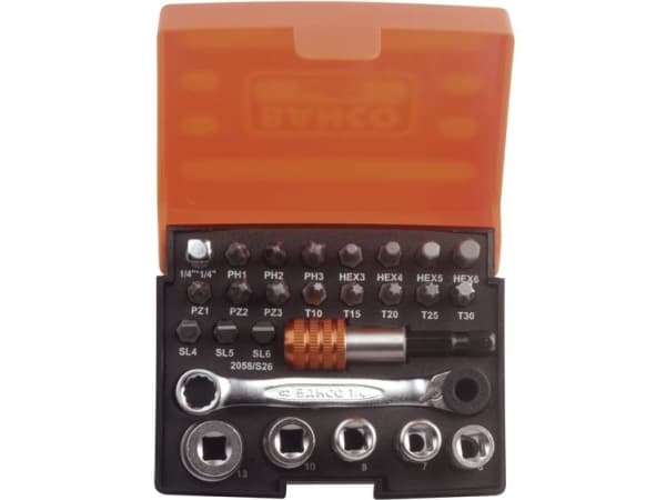 Bahco Standard skrutrekkerbitssett, bitholder, 1/4" Piper og skraller – 26 deler, 18 stykker, Hex (metrisk), Philips, Pozidriv, Spor/slot, Torx, Stål