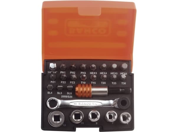 Bahco Standard skrutrekkerbitssett, bitholder, 1/4" Piper og skraller – 26 deler, 18 stykker, Hex (metrisk), Philips, Pozidriv, Spor/slot, Torx, Stål