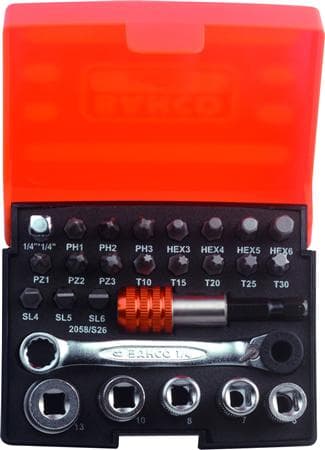 Bahco Standard skrutrekkerbitssett, bitholder, 1/4" Piper og skraller – 26 deler, 18 stykker, Hex (metrisk), Philips, Pozidriv, Spor/slot, Torx, Stål