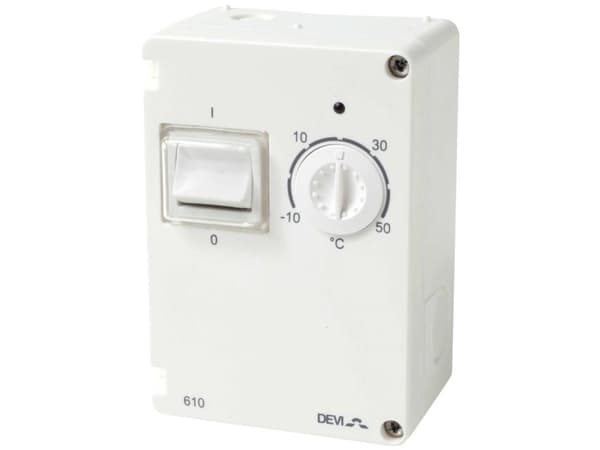 DEVIreg 610 termostaatti IP44 10 A 2-napainen, alue (-10°C - +50°C) m kaksoiseristetty johdin anturi