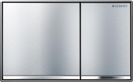 GEBERIT Omega60 betjeningsplade støbt zink børstet krom med dobbeltskyl. Betjening på forsiden eller oppefra og i niveau med overfladen.