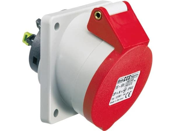 BALS CEE SocketH6 400V 32A 5 polig, röd infälld montering sned, fläns 85x85 mm, Quick Connect®IP44, polyamid