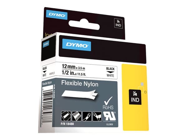 DYMO IND - Nylon - lim - svart på vitt - Rulle (1,2 cm x 4 m) 1 kassett(er) flexibel etikettejp - för Rhino 4200, 4200 Kit, 5200, 5200 Hard Case Kit;