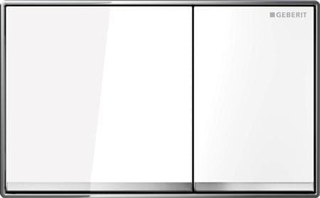 GEBERIT Omega60 betjeningsplade støbt zink hvid glas med dobbeltskyl. Betjening på forsiden eller oppefra og i niveau med overfladen.