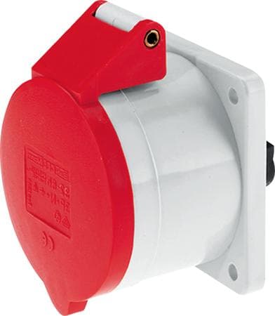 BALS CEE Upotettava pistorasiaH6 400V 16A 7-napainen punertava, laippa75x75mm, ruuvi nikkelöityIP44, polyamidi, polyamidi