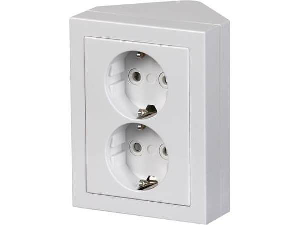 Stikkontakt Schuko dubbel dubbel komplett udvendig/hjørne 16A vit