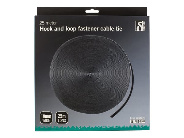 Deltaco CM1025S, Hook & loop cable tie, Velcro, Musta, 25 m, 10 mm, 1 kpl