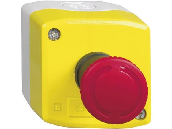 SCHNEIDER ELECTRIC Trykknapkasse komplet. Gul lysgrå bund med Ø 40 mm nødstop (EN418). 1NO + 1NC