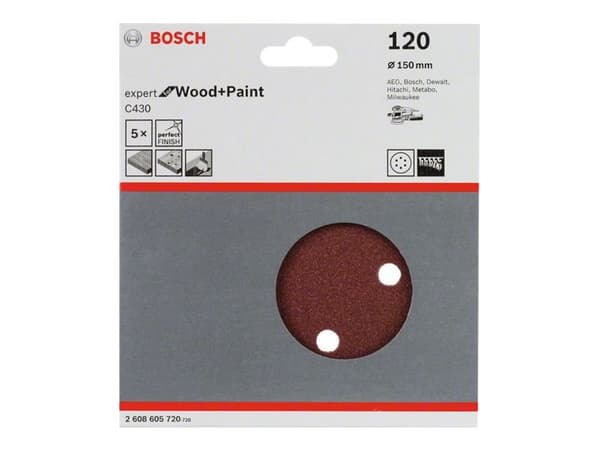 Bosch Expert for Wood and Paint C430 - Sandpapper - för trä, lövträ, målarfärg, träfanér, fernissa, spackel - 5 delar - skiva - grus: 120 - 150 mm
