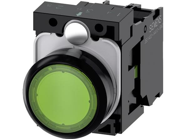 Valaistu painike, 22 mm, pyöreä, muovi, vihreä, litteä, hetkellinen kosketintyyppi, pidikkeellä, 1NO, LED-moduuli