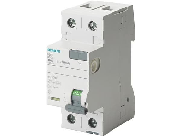 SIEMENS Felströmsbrytare typ A 40A 1 pol + noll 30mA utlösningsström 230V 2 modulbredd