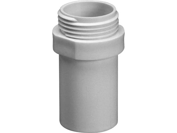 Purus suora siirtymä Ø32 mm, pituus 65 mm, jossa on 3/4" ulkokierre ja 1/2" sisäkierre, valkoista PP:tä